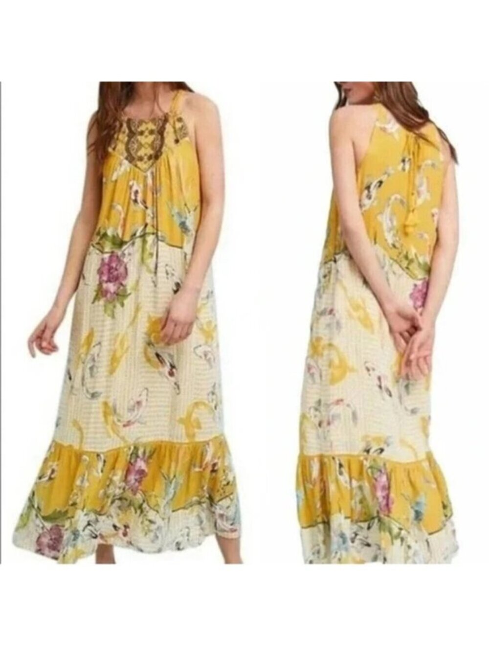 Anthropologie | One September Yellow Paradiso Koi Fish Maxi Dress Size Small